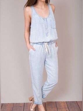 Lovestitch Chambray Tencel Jumpsuit Light Wash Sleeveless Tie Waist Size S